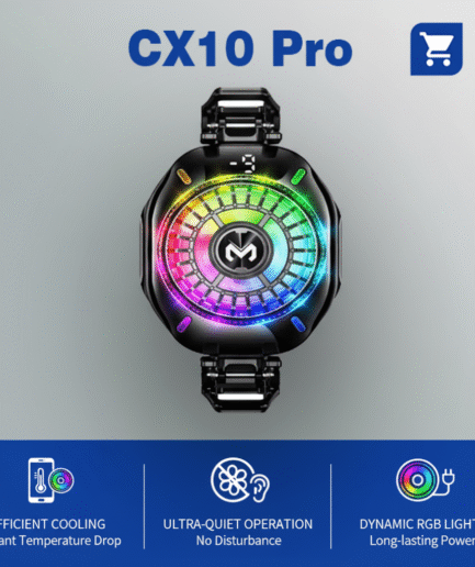 Memo CX10 Pro Peltier mobile cooler fan with real-time temperature display and vibrant RGB lighting