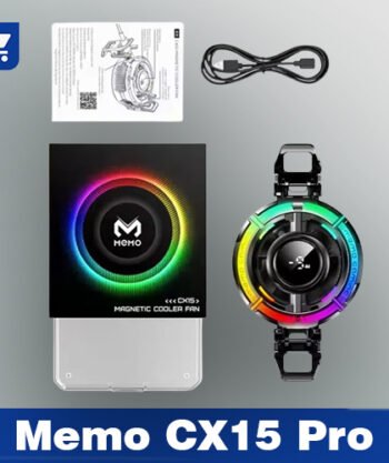 Memo CX15 Pro mobile cooling fan with TEC chip and RGB lighting clamped onto a smartphone