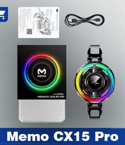 Memo CX15 Pro mobile cooling fan with TEC chip and RGB lighting clamped onto a smartphone