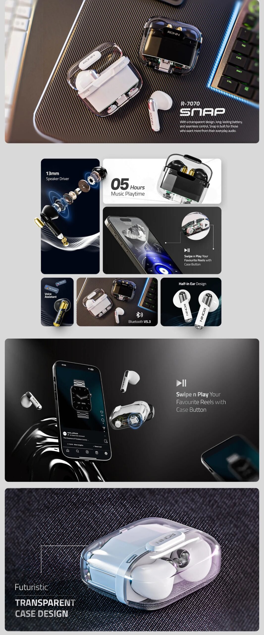 Ronin R-7070 Wireless Earbuds in transparent charging case with touch controls