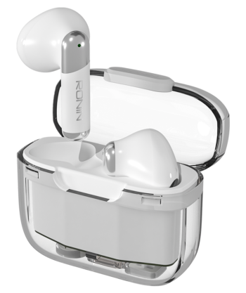 Ronin R-7070 Wireless Earbuds in transparent charging case with touch controls