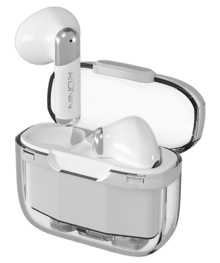 Ronin R-7070 Wireless Earbuds in transparent charging case with touch controls