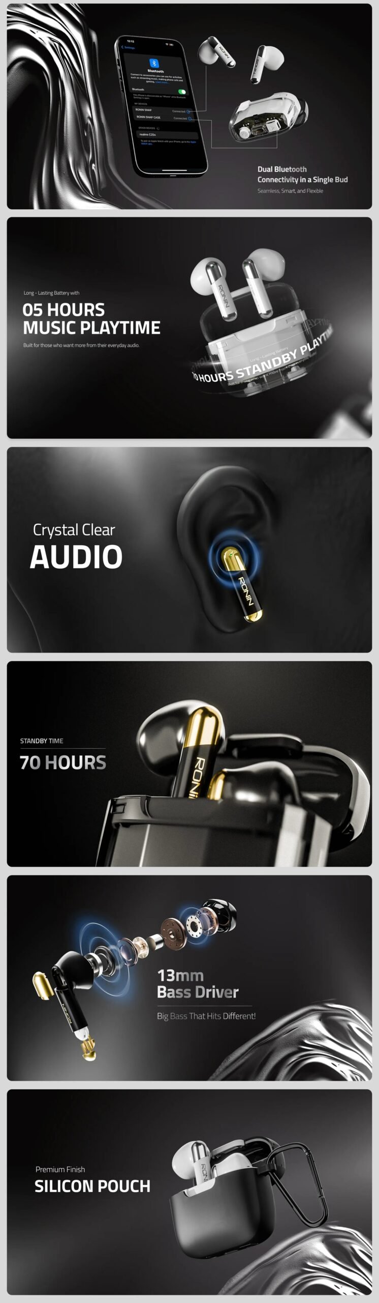 Ronin R-7070 Wireless Earbuds in transparent charging case with touch controls