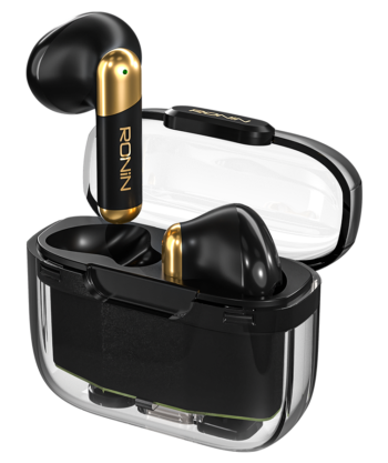 Ronin R-7070 Wireless Earbuds in transparent charging case with touch controls