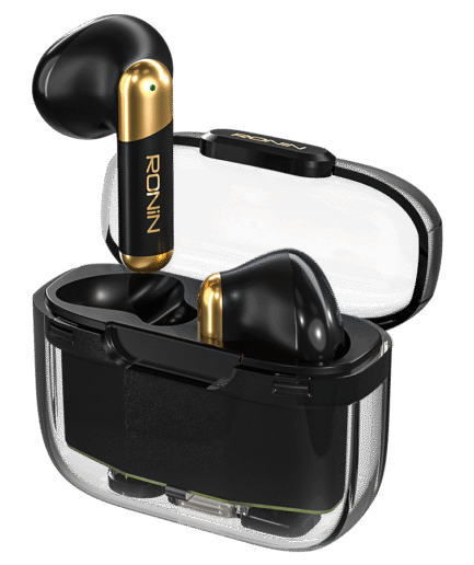 Ronin R-7070 Wireless Earbuds in transparent charging case with touch controls