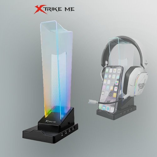 Black XTRIKE ME HT-09 headphone and phone stand with blue LED light Black XTRIKE ME HT-09 headphone and phone stand with blue LED light
