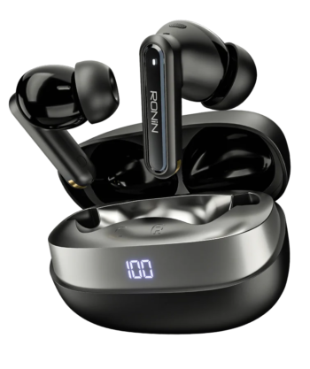 Ronin R-7120 Vector Wireless Earbuds in black charging case featuring a sharp, modern design