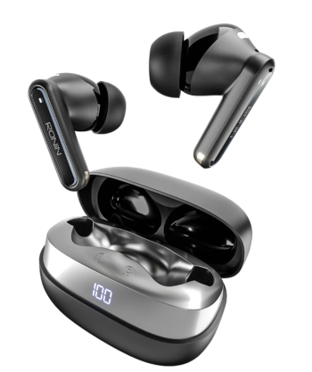 Ronin R-7120 Vector Wireless Earbuds in black charging case featuring a sharp, modern design