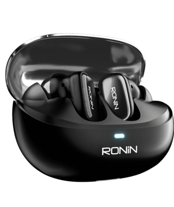 Ronin R-7125 Mist Pro Wireless Earbuds in charging case with a sleek, minimalist aesthetic