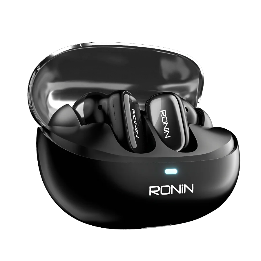 Ronin R-7125 Mist Pro Wireless Earbuds in charging case with a sleek, minimalist aesthetic Ronin R-7125 Mist Pro Wireless Earbuds in charging case with a sleek, minimalist aesthetic