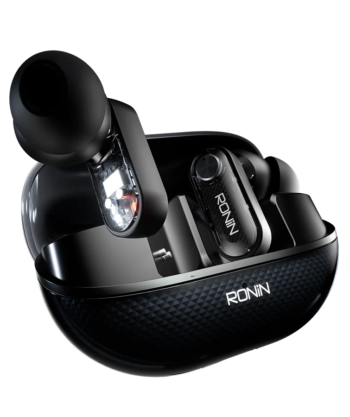 Ronin R-7145 Glaze wireless earbuds in their charging case with a glossy finish